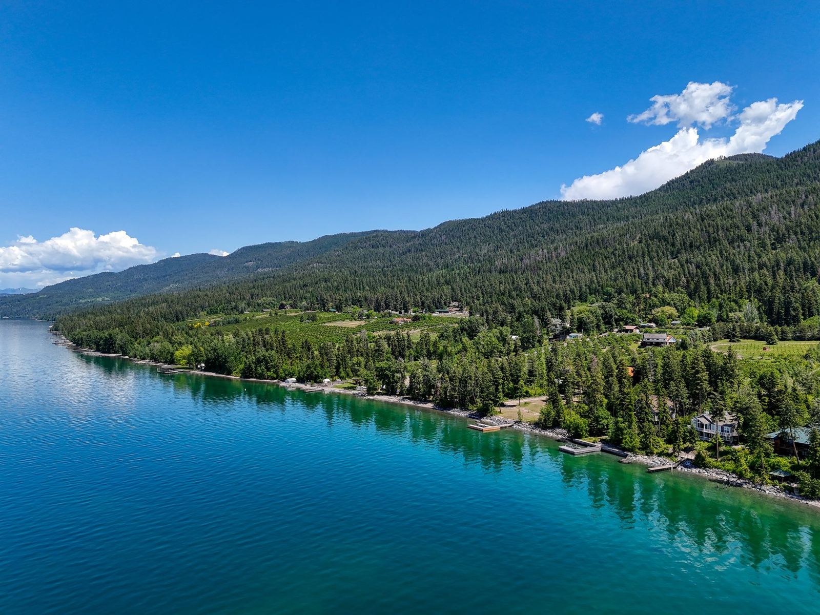 Homes and docks along Flathead Lake beneath wooded mountain slopes