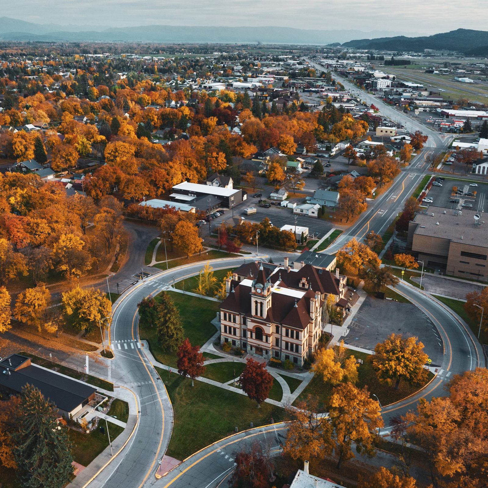 The Flathead County Courthouse in Kalispell framed by fall color
